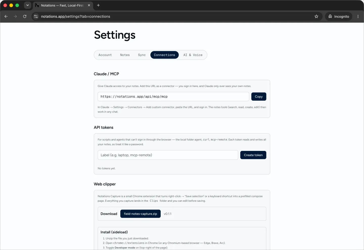 The Notations Connections settings: a single MCP connector URL you add to Claude so it can read and write only your own notes.