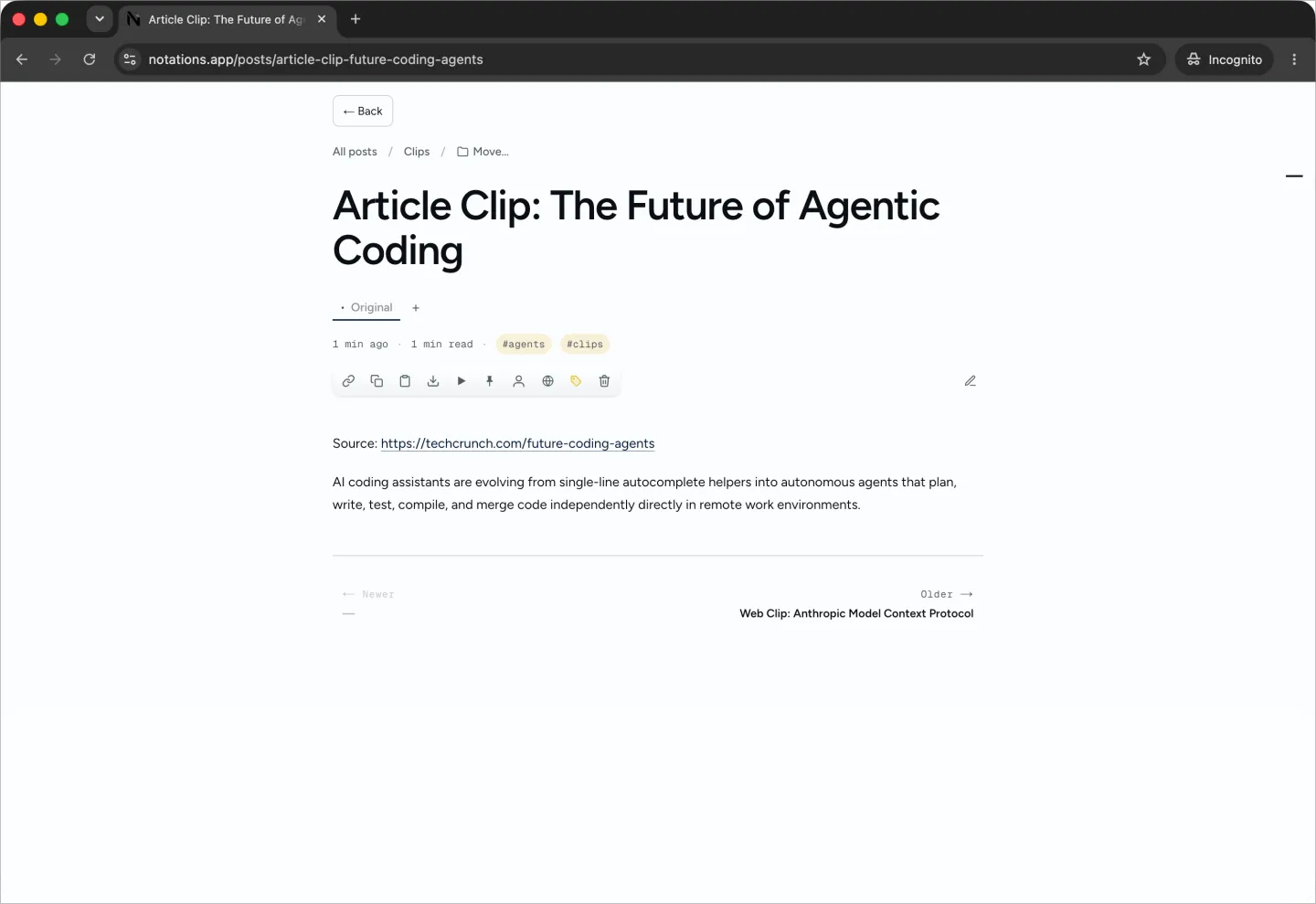 A web article clipped into Notations, keeping its source link, tags, and a clean Markdown body.
