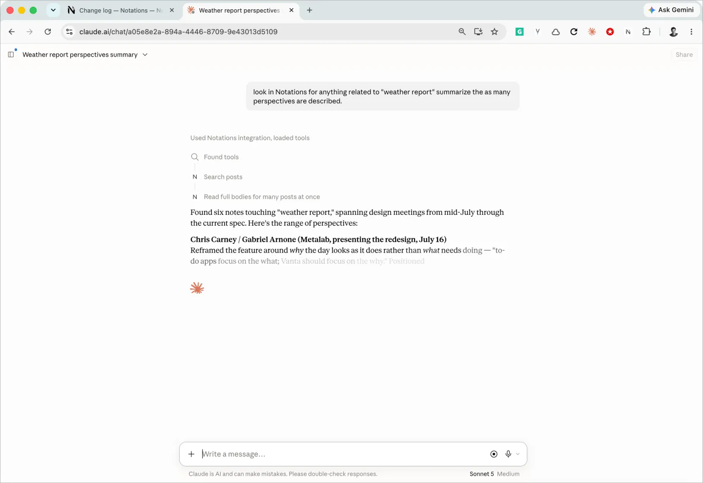 Claude, connected to Notations over MCP, reading across six related notes and summarizing the perspectives it found.