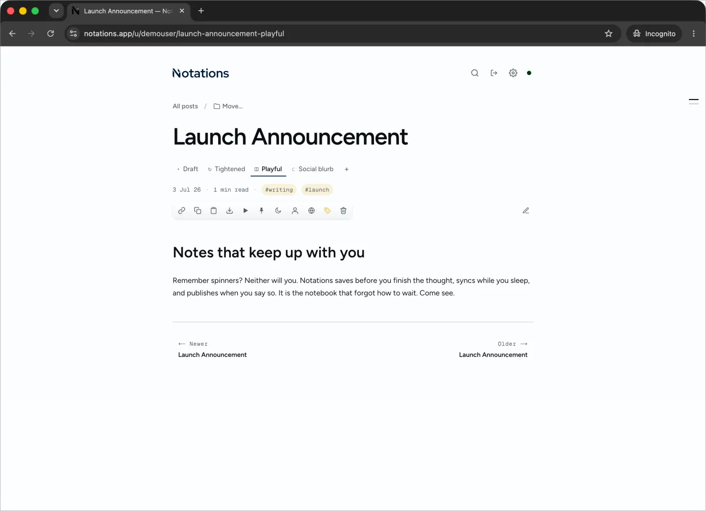 One note kept as several iterations — Draft, Tightened, Playful, and Social blurb — as tabs across the top of the post.