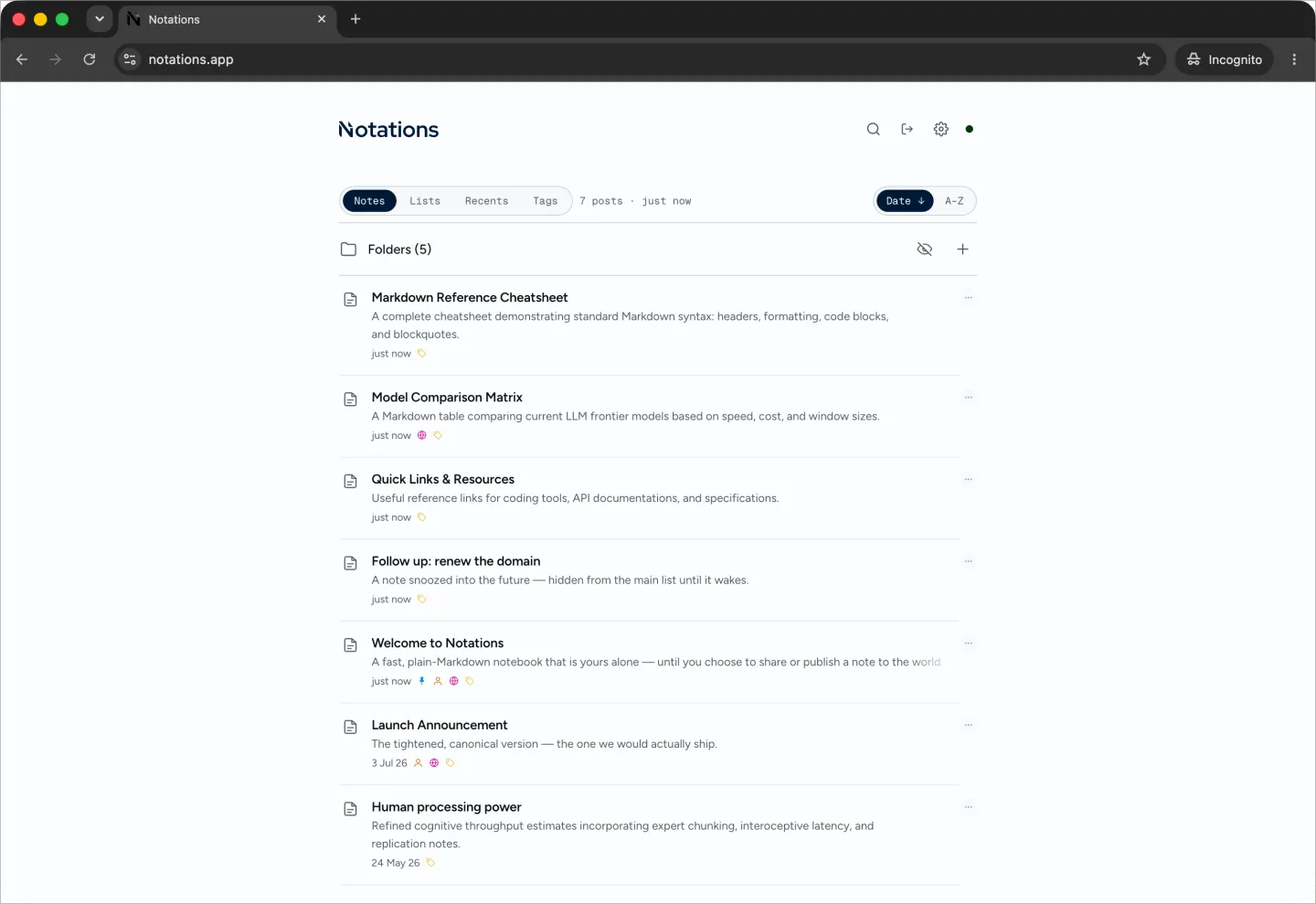 The Notations home screen: a clean list of notes with folders, tags, and pin, share, and publish status.
