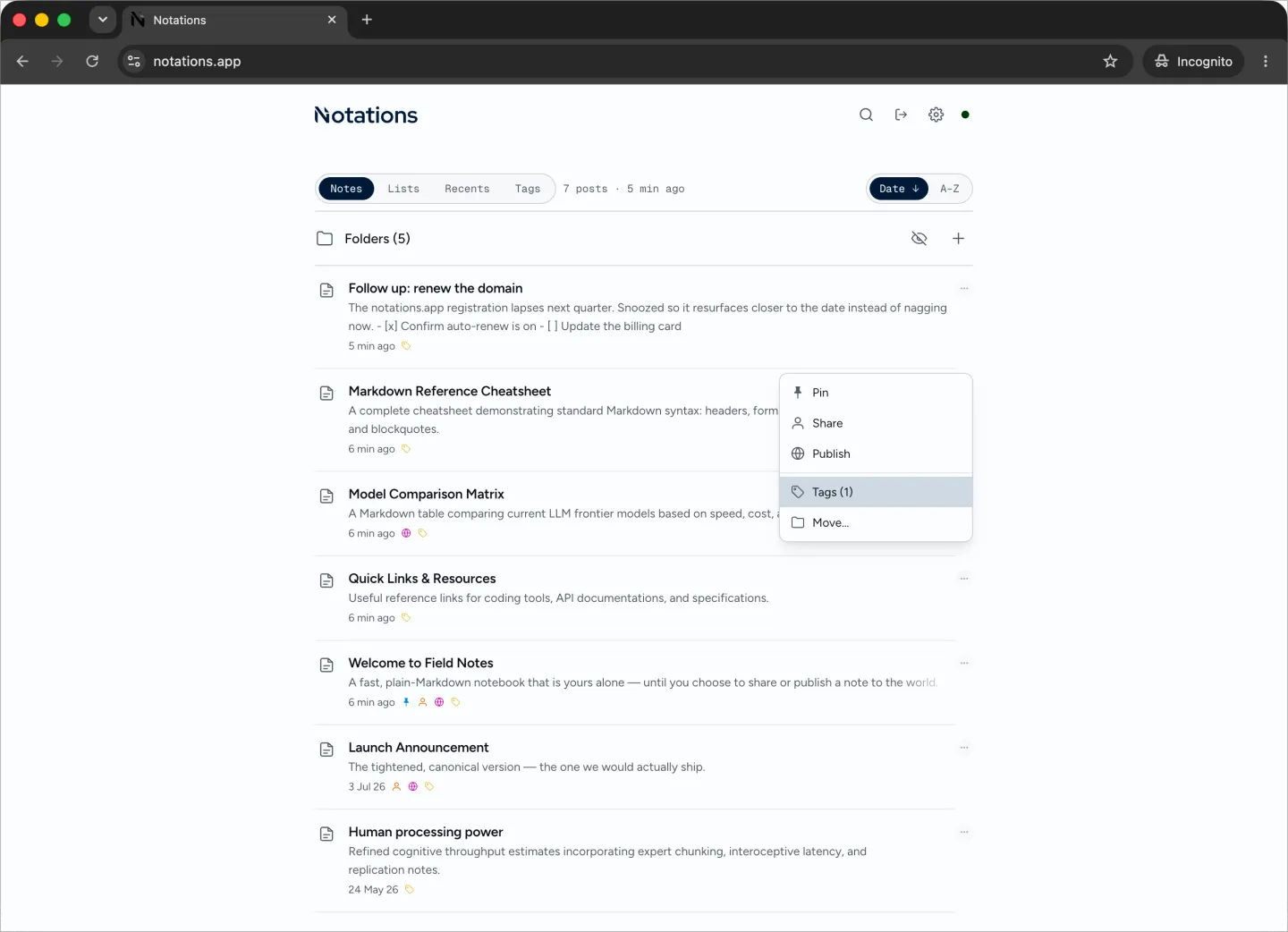 A note’s action menu in Notations offering Pin, Share, and Publish — the deliberate, per-note choice of who sees it.